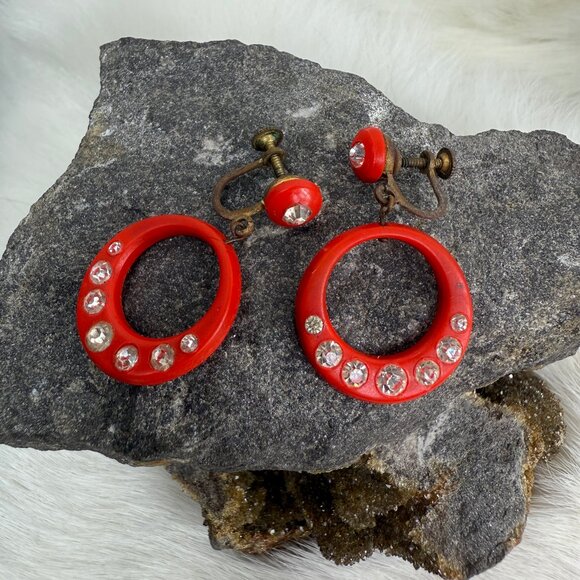 Vintage Red Plastic and Rhinestone Dangle & Drop Hoop Screw Back Earrings - Picture 1 of 8